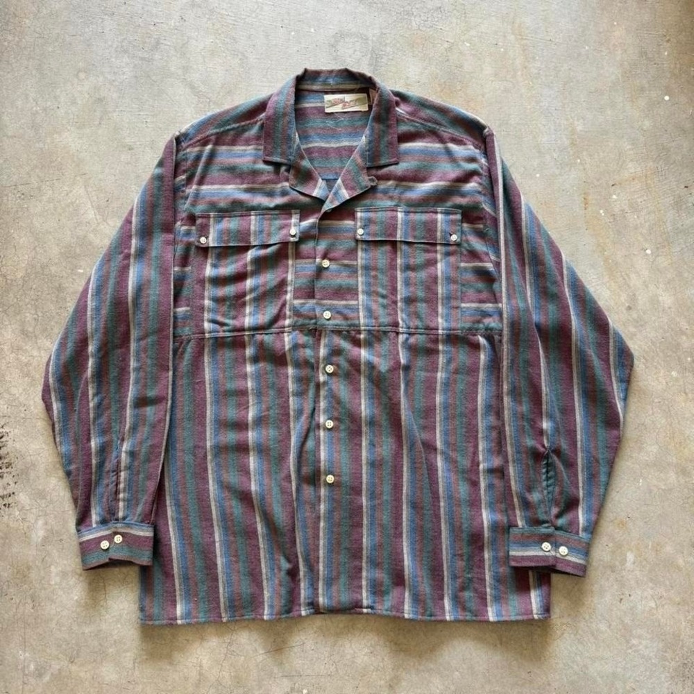 Vintage New Moves 80s Western Flannel Earth Tone Button Up Striped Faded Shirt